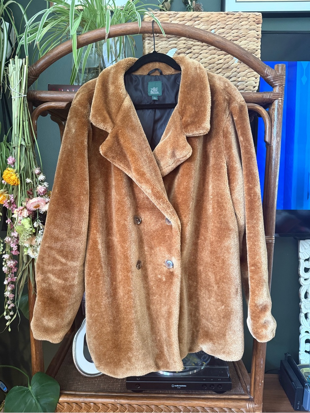 Teddy Faux Fur Double-Breasted Coat- Cognac